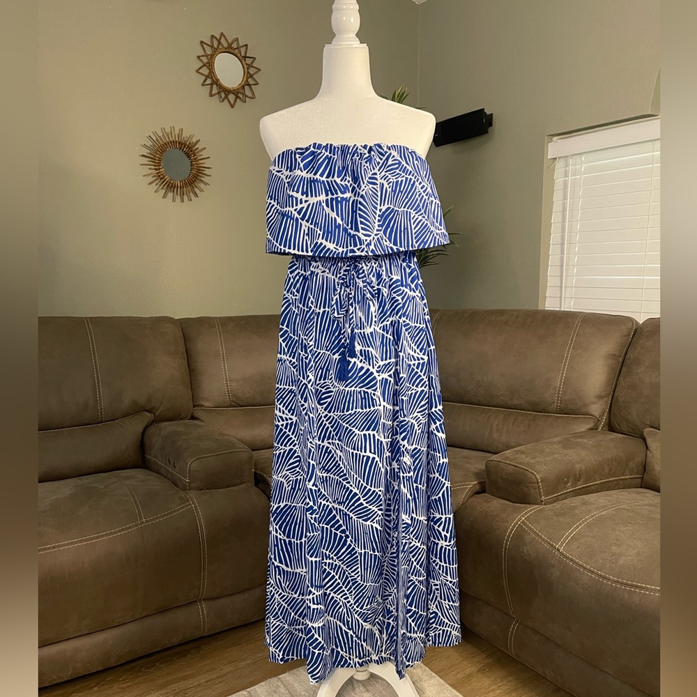 Blue & White Print Strapless Flowy Maxi Dress Sz L Large - Picture 4 of 12